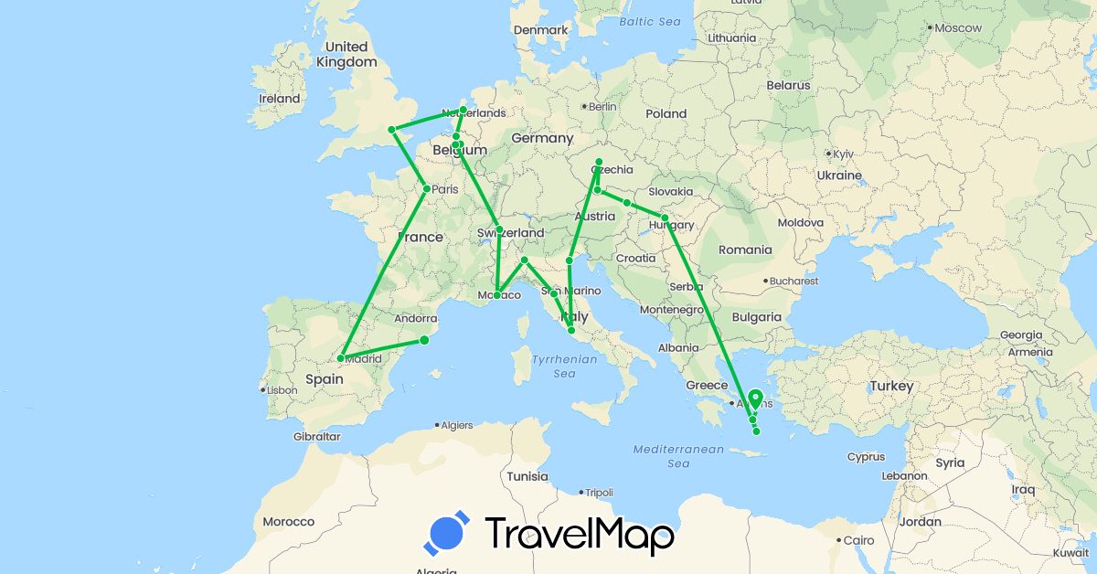 TravelMap itinerary: bus in Austria, Belgium, Switzerland, Czech Republic, Spain, France, United Kingdom, Greece, Hungary, Italy, Netherlands (Europe)